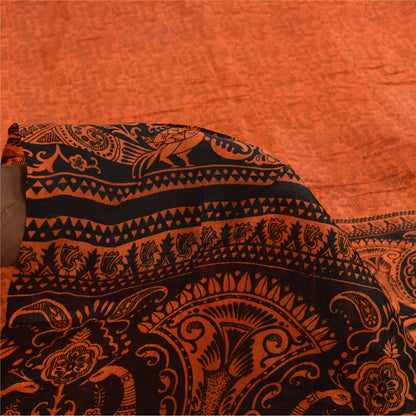 Sanskriti Vintage Sarees Orange Peacock Pure Silk Printed Sari 5yd Craft Sustainable Fabric