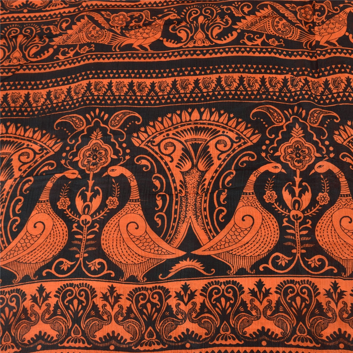 Sanskriti Vintage Sarees Orange Peacock Pure Silk Printed Sari 5yd Craft Sustainable Fabric