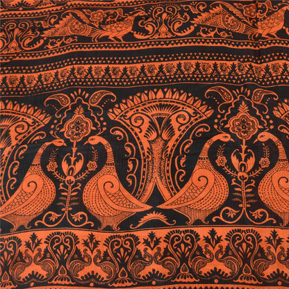 Sanskriti Vintage Sarees Orange Peacock Pure Silk Printed Sari 5yd Craft Sustainable Fabric
