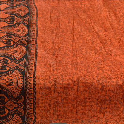 Sanskriti Vintage Sarees Orange Peacock Pure Silk Printed Sari 5yd Craft Sustainable Fabric