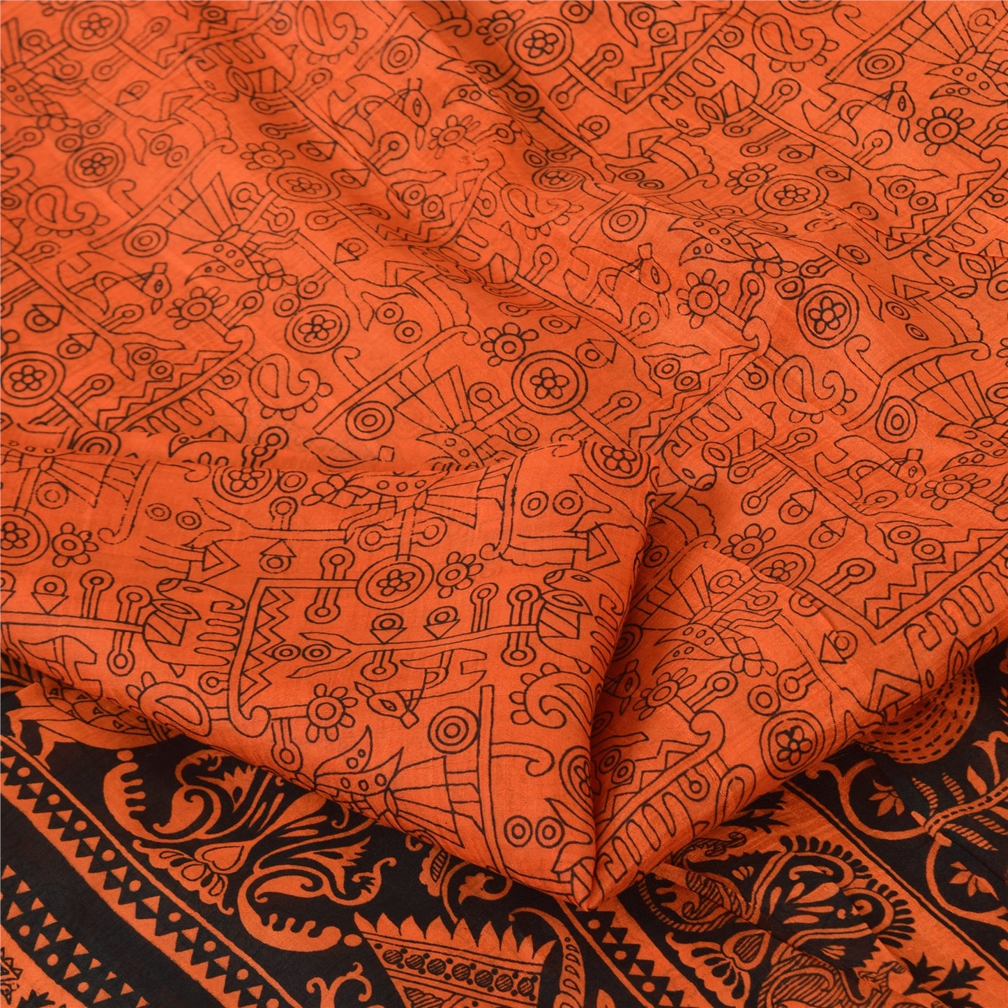 Sanskriti Vintage Sarees Orange Peacock Pure Silk Printed Sari 5yd Craft Sustainable Fabric