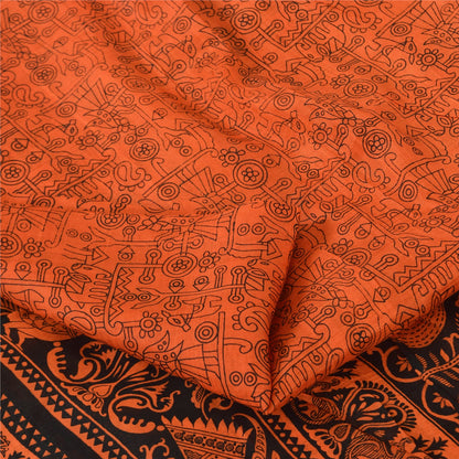 Sanskriti Vintage Sarees Orange Peacock Pure Silk Printed Sari 5yd Craft Sustainable Fabric