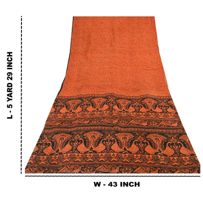 Sanskriti Vintage Sarees Orange Peacock Pure Silk Printed Sari 5yd Craft Sustainable Fabric