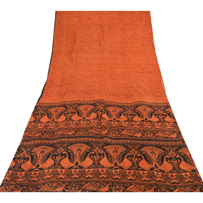 Sanskriti Vintage Sarees Orange Peacock Pure Silk Printed Sari 5yd Craft Sustainable Fabric