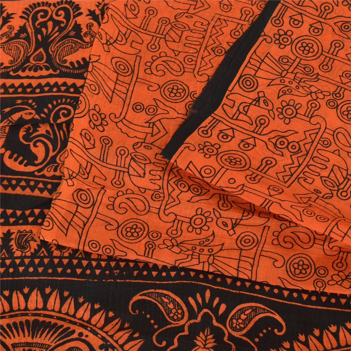Sanskriti Vintage Sarees Orange Peacock Pure Silk Printed Sari 5yd Craft Sustainable Fabric