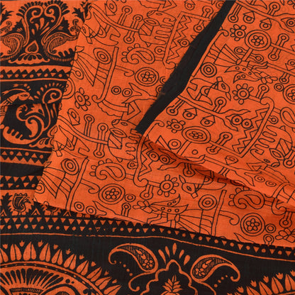 Sanskriti Vintage Sarees Orange Peacock Pure Silk Printed Sari 5yd Craft Sustainable Fabric