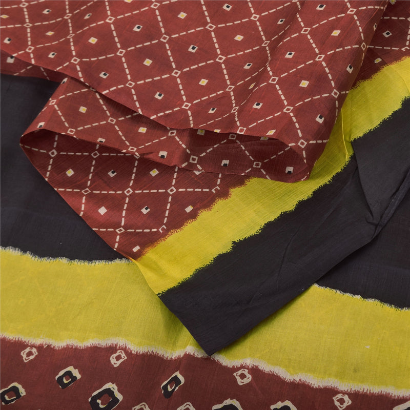 Sanskriti Vintage Saree 100% Pure Silk Coffee-Brown Bandhani Gujrat Of India Printed Sarees 5Yd Fabric Floral Design- Dresses, Kaftans