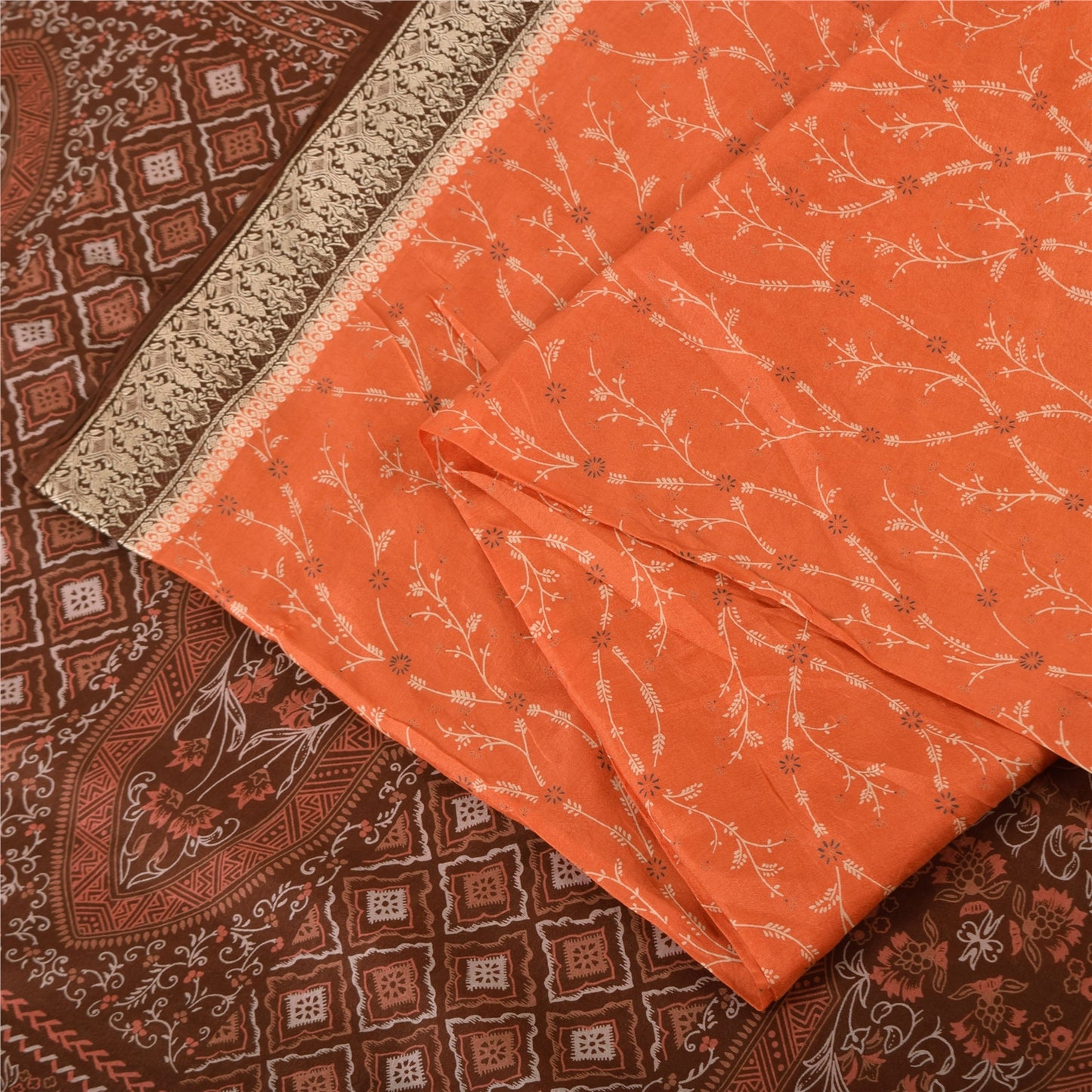 Sanskriti Vintage Sarees Orange/Brown Pure Silk Printed Sari 5yd Craft Sustainable Fabric