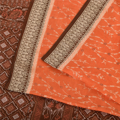Sanskriti Vintage Sarees Orange/Brown Pure Silk Printed Sari 5yd Craft Sustainable Fabric