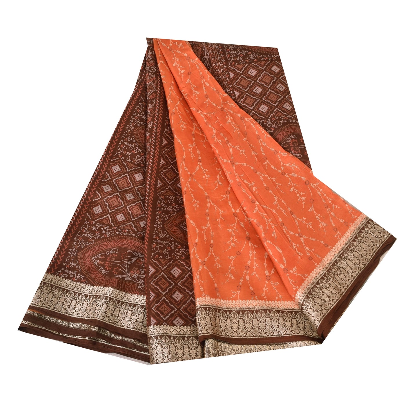 Sanskriti Vintage Sarees Orange/Brown Pure Silk Printed Sari 5yd Craft Sustainable Fabric