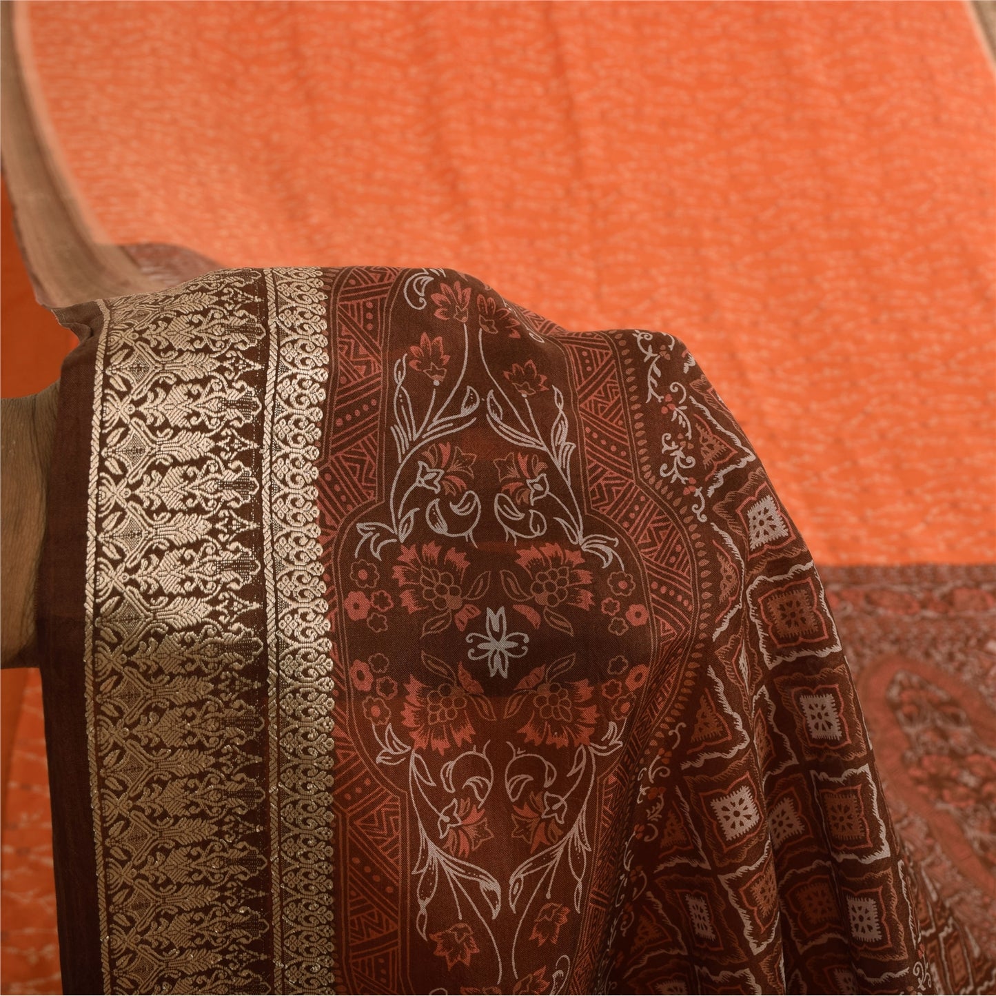 Sanskriti Vintage Sarees Orange/Brown Pure Silk Printed Sari 5yd Craft Sustainable Fabric