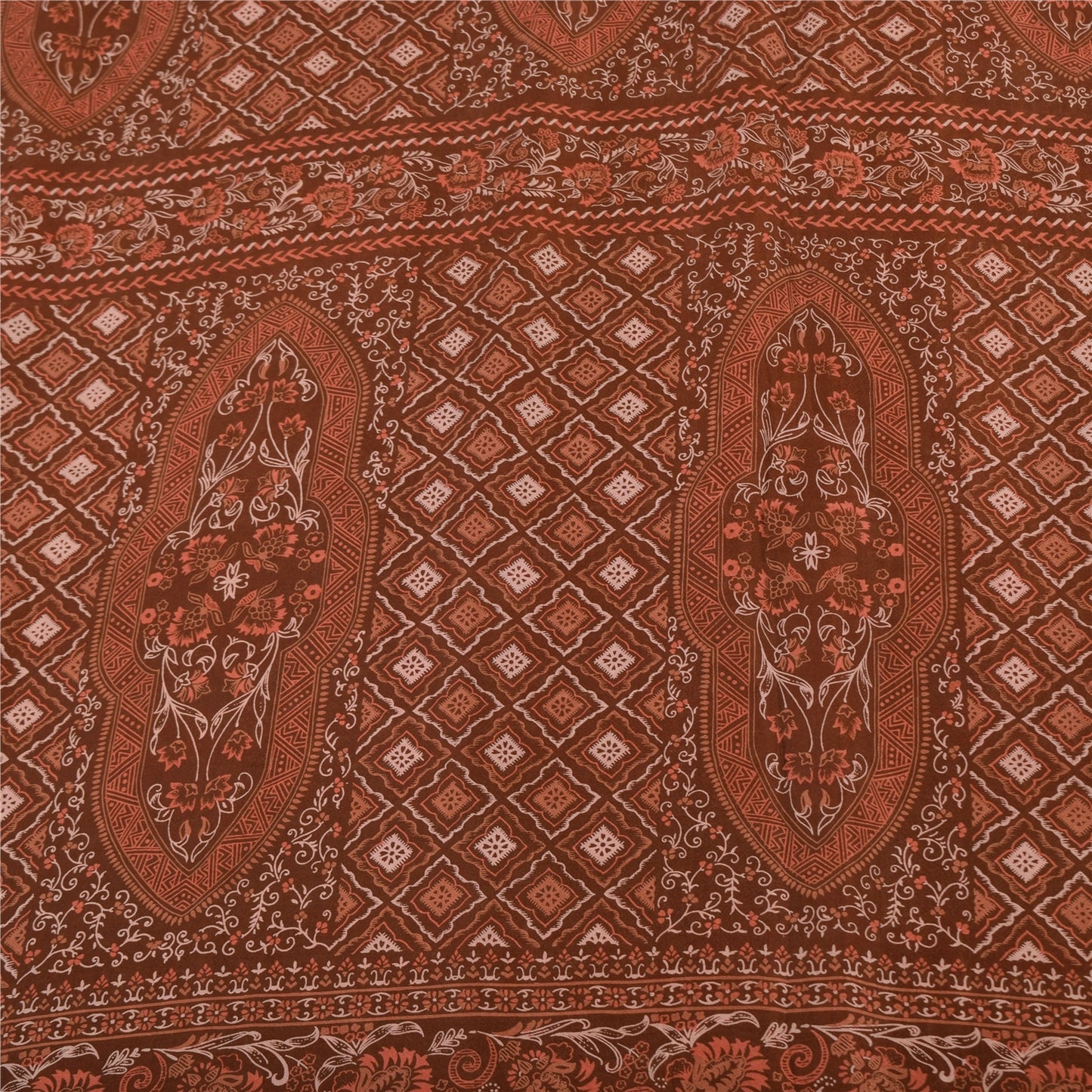 Sanskriti Vintage Sarees Orange/Brown Pure Silk Printed Sari 5yd Craft Sustainable Fabric