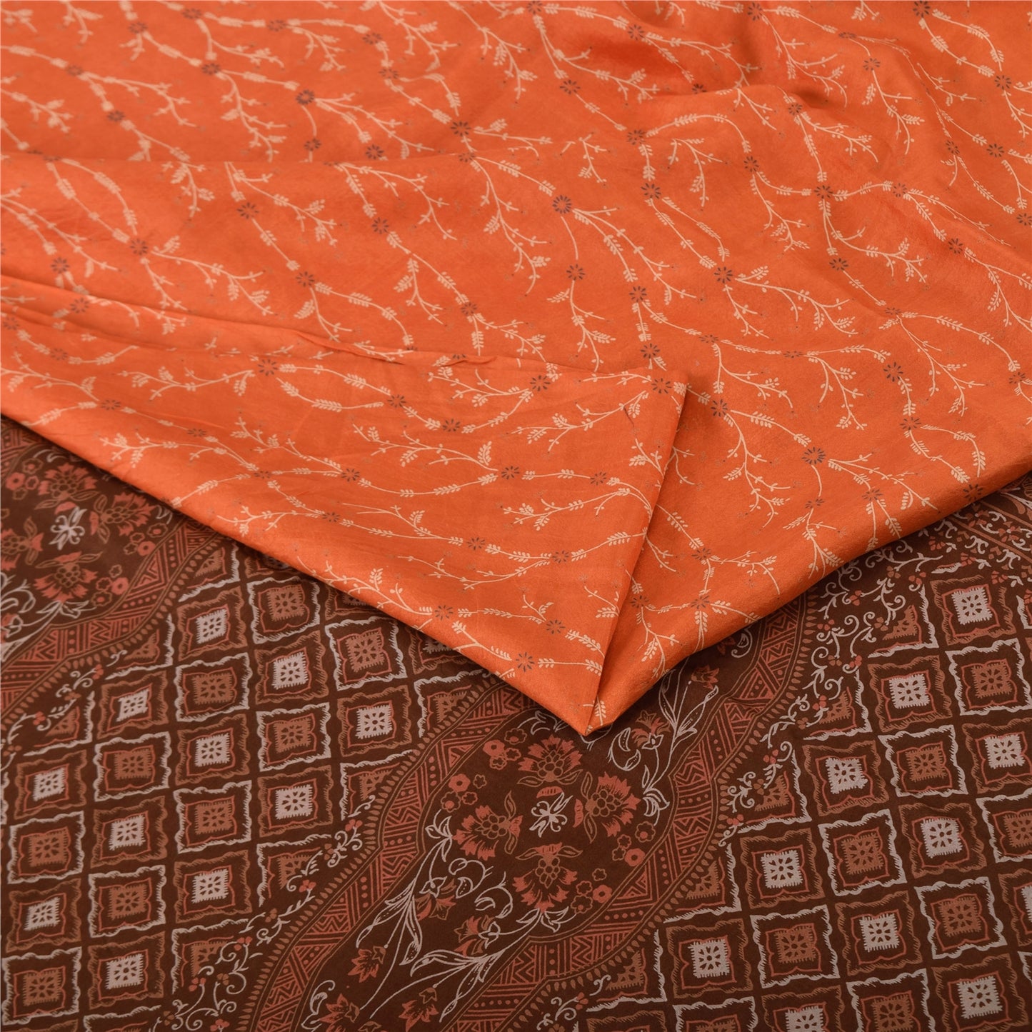 Sanskriti Vintage Sarees Orange/Brown Pure Silk Printed Sari 5yd Craft Sustainable Fabric