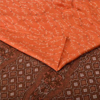 Sanskriti Vintage Sarees Orange/Brown Pure Silk Printed Sari 5yd Craft Sustainable Fabric