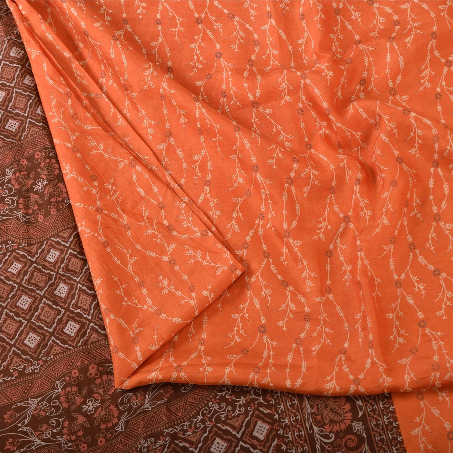 Sanskriti Vintage Sarees Orange/Brown Pure Silk Printed Sari 5yd Craft Sustainable Fabric