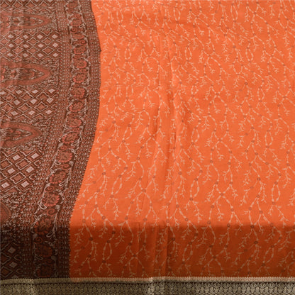 Sanskriti Vintage Sarees Orange/Brown Pure Silk Printed Sari 5yd Craft Sustainable Fabric