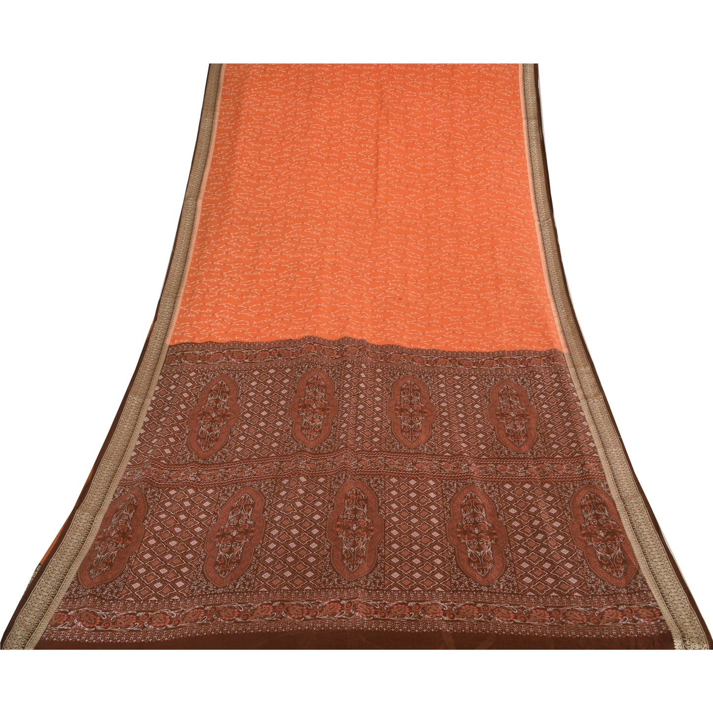 Sanskriti Vintage Sarees Orange/Brown Pure Silk Printed Sari 5yd Craft Sustainable Fabric