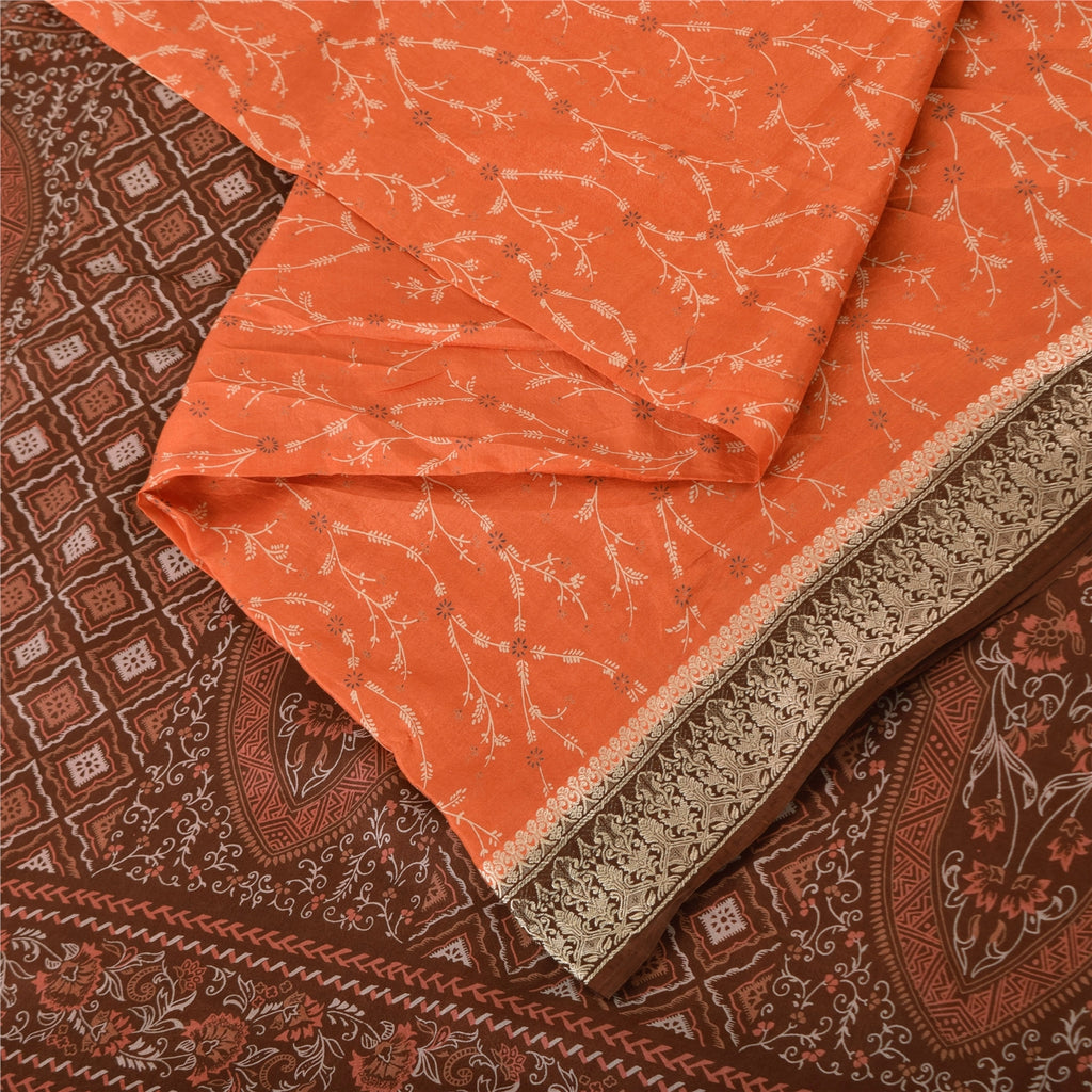 Sanskriti Vintage Sarees Orange/Brown Pure Silk Printed Sari 5yd Craft Sustainable Fabric
