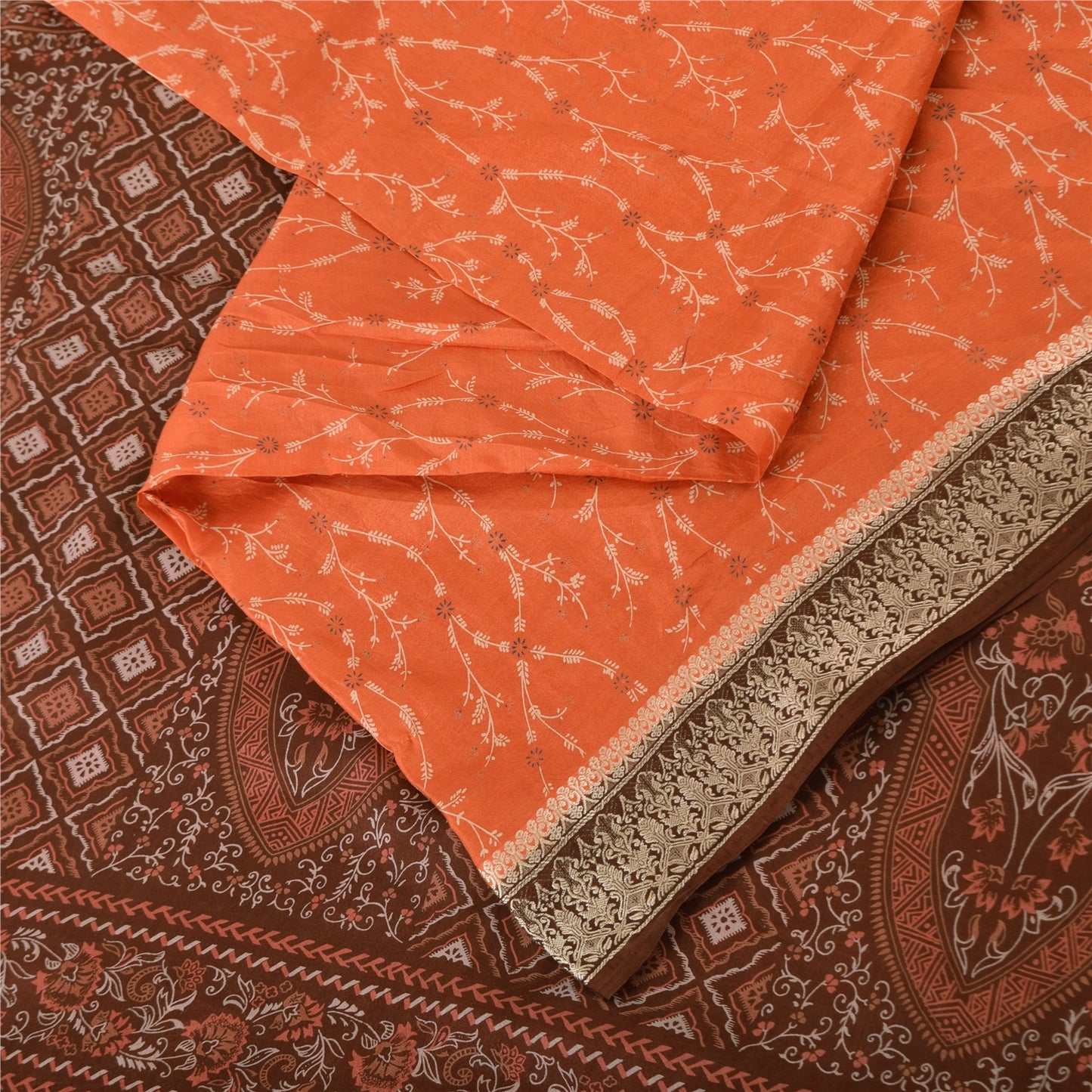 Sanskriti Vintage Sarees Orange/Brown Pure Silk Printed Sari 5yd Craft Sustainable Fabric