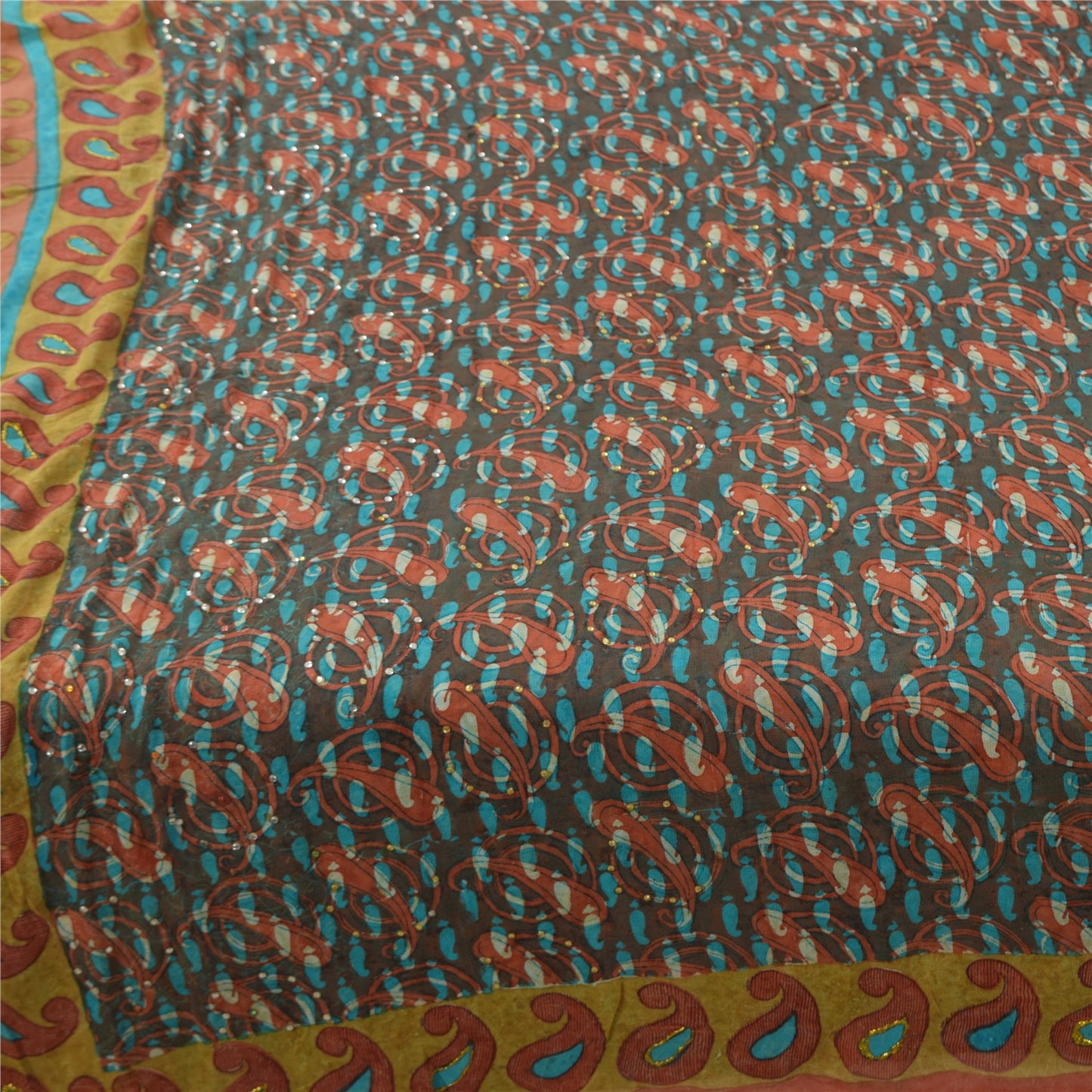 Sanskriti Vintage Sarees Pure Georgette Silk Paisley Printed Sari Craft Sustainable Fabric