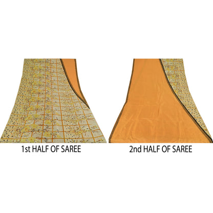 Sanskriti Vintage Sarees Orange/Ivory Pure Silk Printed Sari 5yd Craft Sustainable Fabric