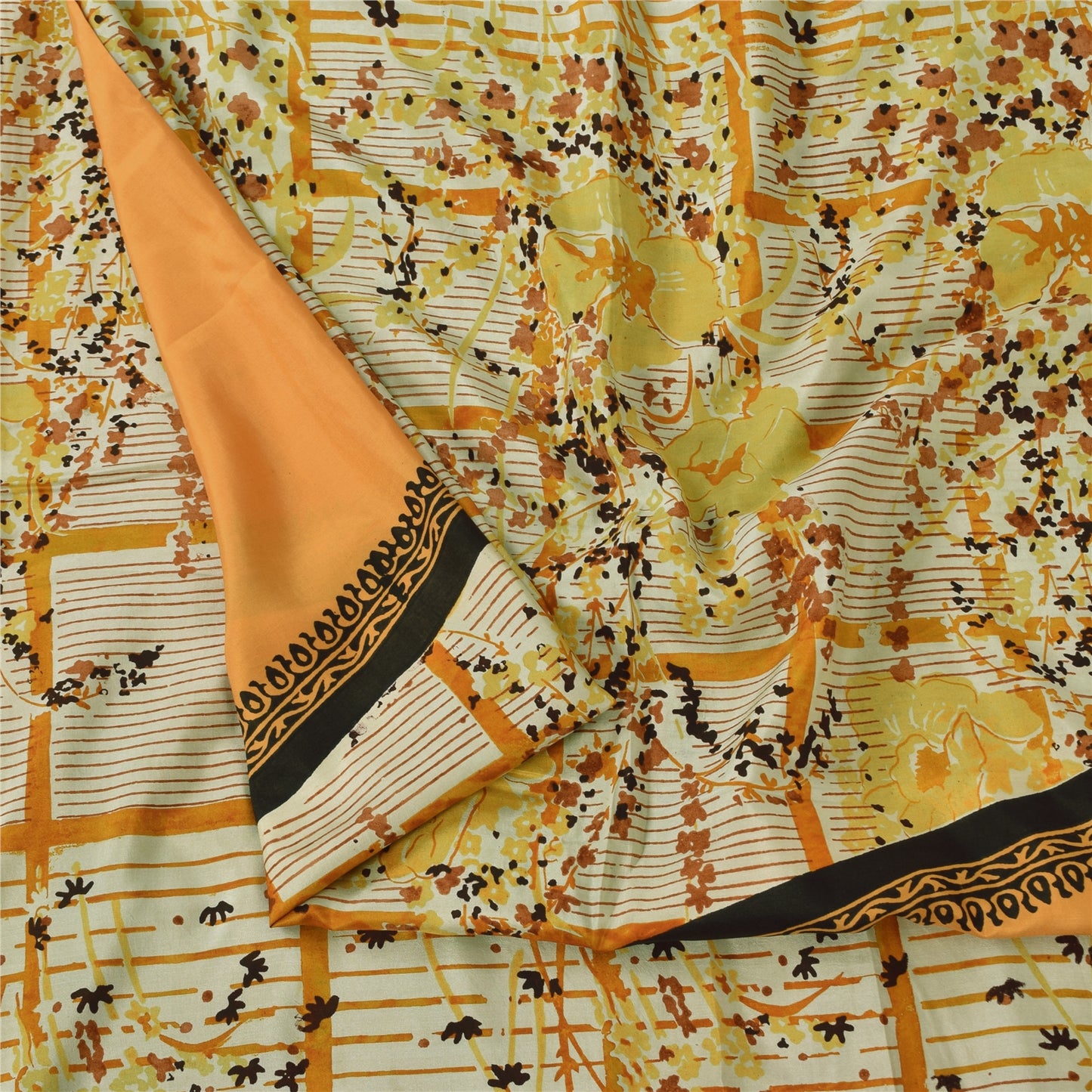 Sanskriti Vintage Sarees Orange/Ivory Pure Silk Printed Sari 5yd Craft Sustainable Fabric