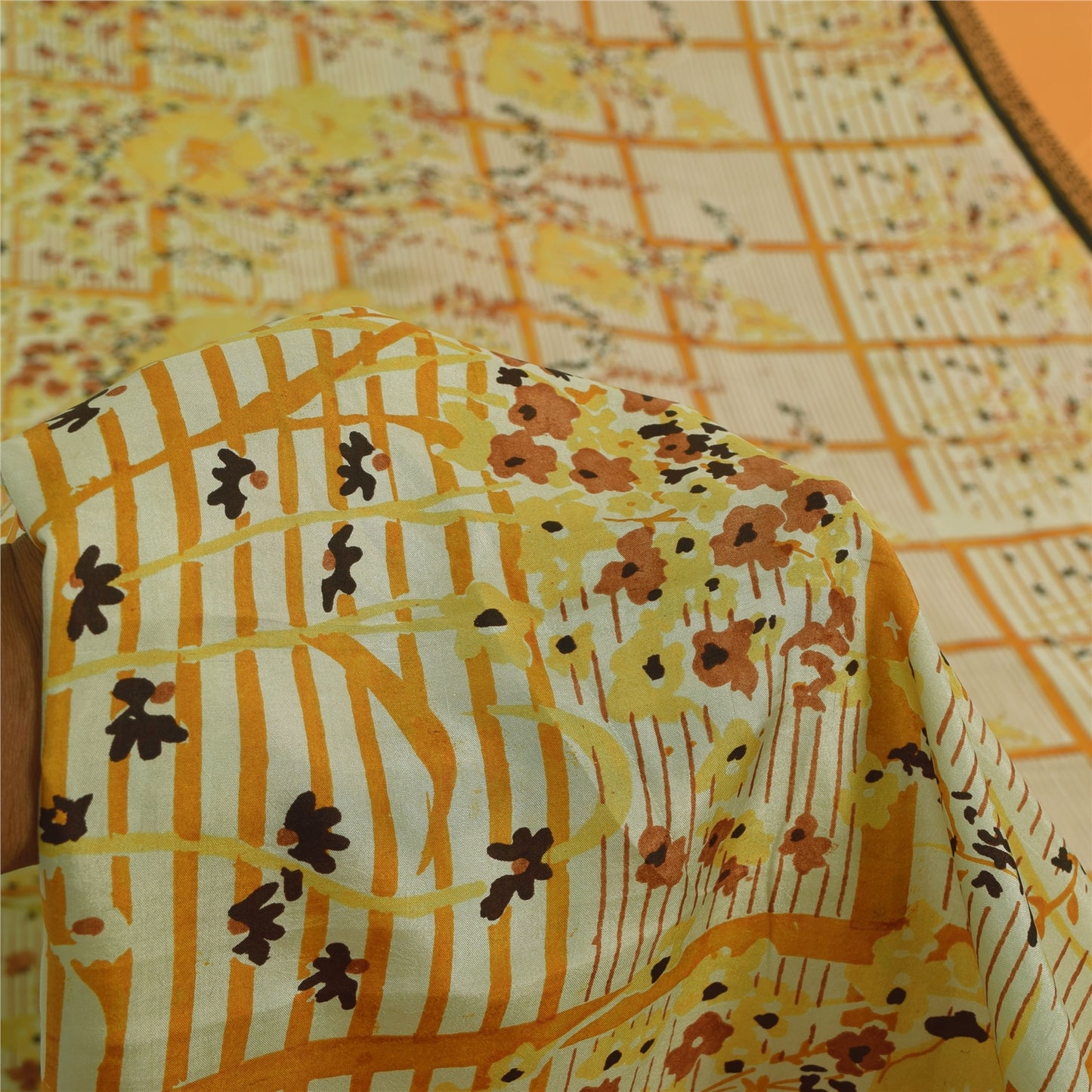 Sanskriti Vintage Sarees Orange/Ivory Pure Silk Printed Sari 5yd Craft Sustainable Fabric