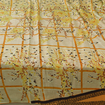 Sanskriti Vintage Sarees Orange/Ivory Pure Silk Printed Sari 5yd Craft Sustainable Fabric