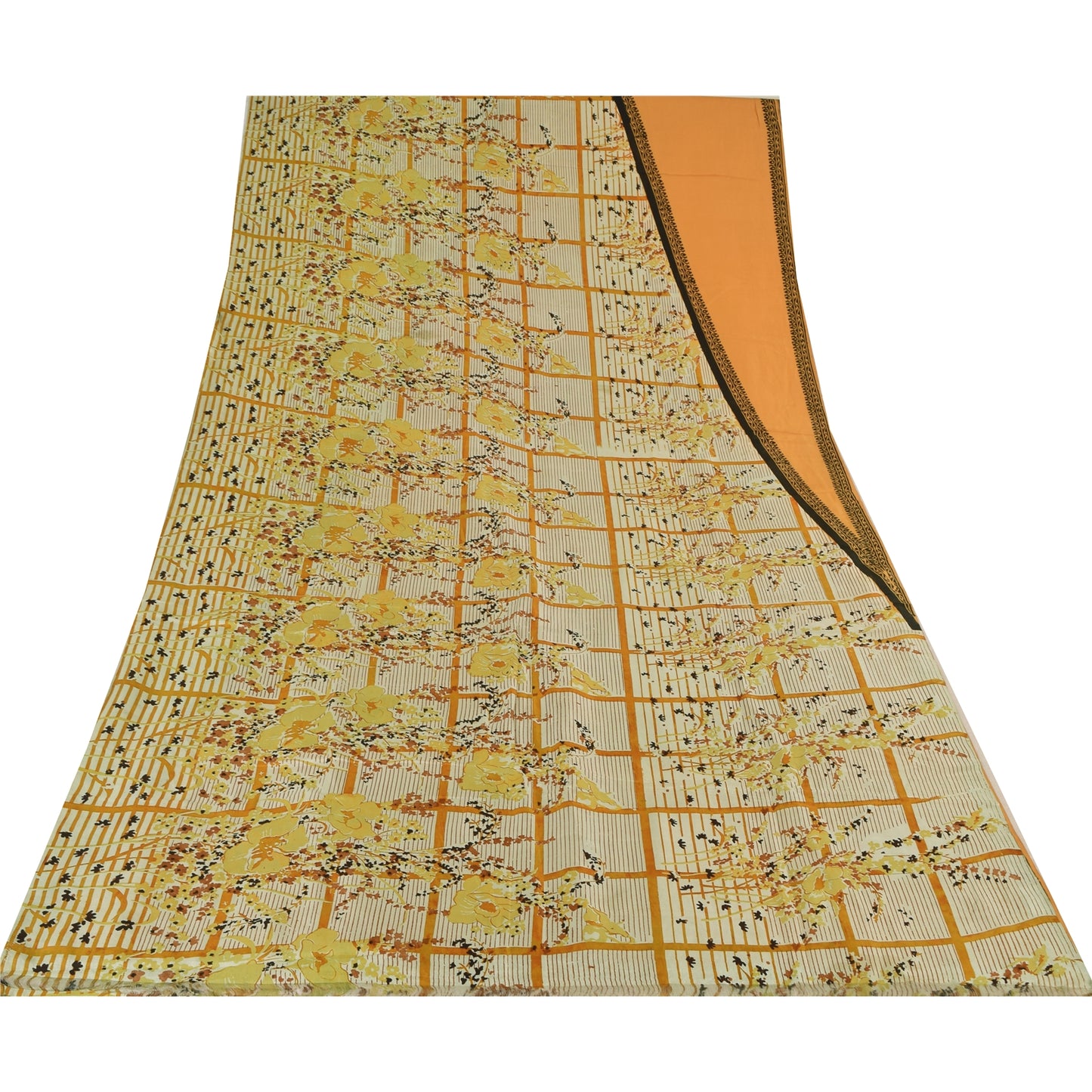 Sanskriti Vintage Sarees Orange/Ivory Pure Silk Printed Sari 5yd Craft Sustainable Fabric