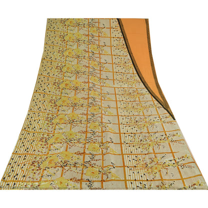 Sanskriti Vintage Sarees Orange/Ivory Pure Silk Printed Sari 5yd Craft Sustainable Fabric