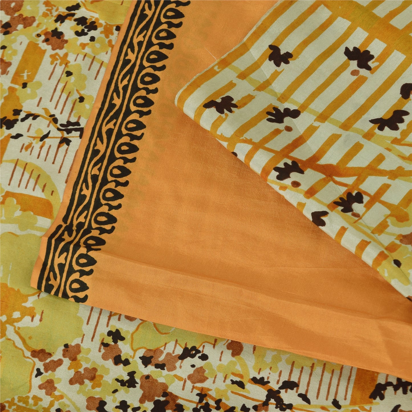 Sanskriti Vintage Sarees Orange/Ivory Pure Silk Printed Sari 5yd Craft Sustainable Fabric
