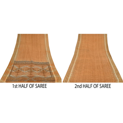 Sanskriti Vintage Sarees Shades Of Brown Pure Silk Printed Sari 5yd Craft Sustainable Fabric