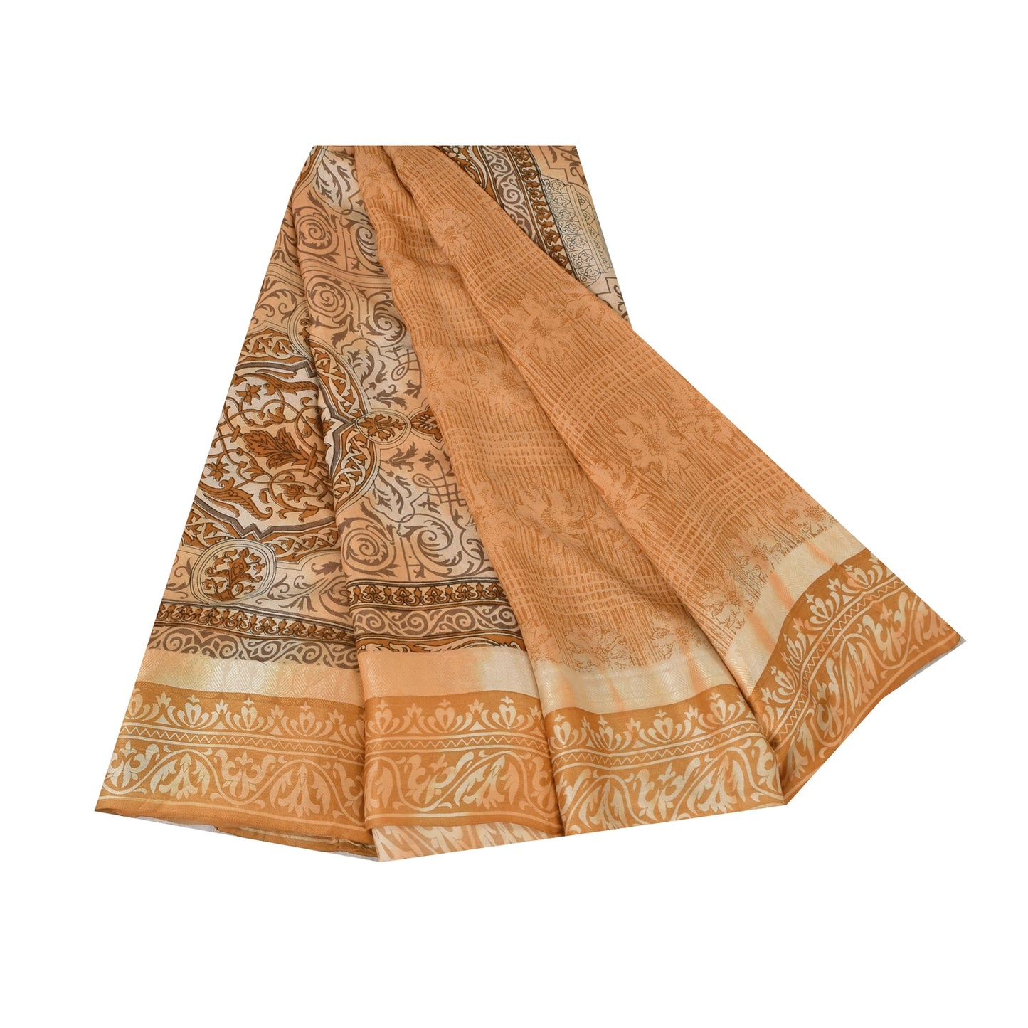 Sanskriti Vintage Sarees Shades Of Brown Pure Silk Printed Sari 5yd Craft Sustainable Fabric