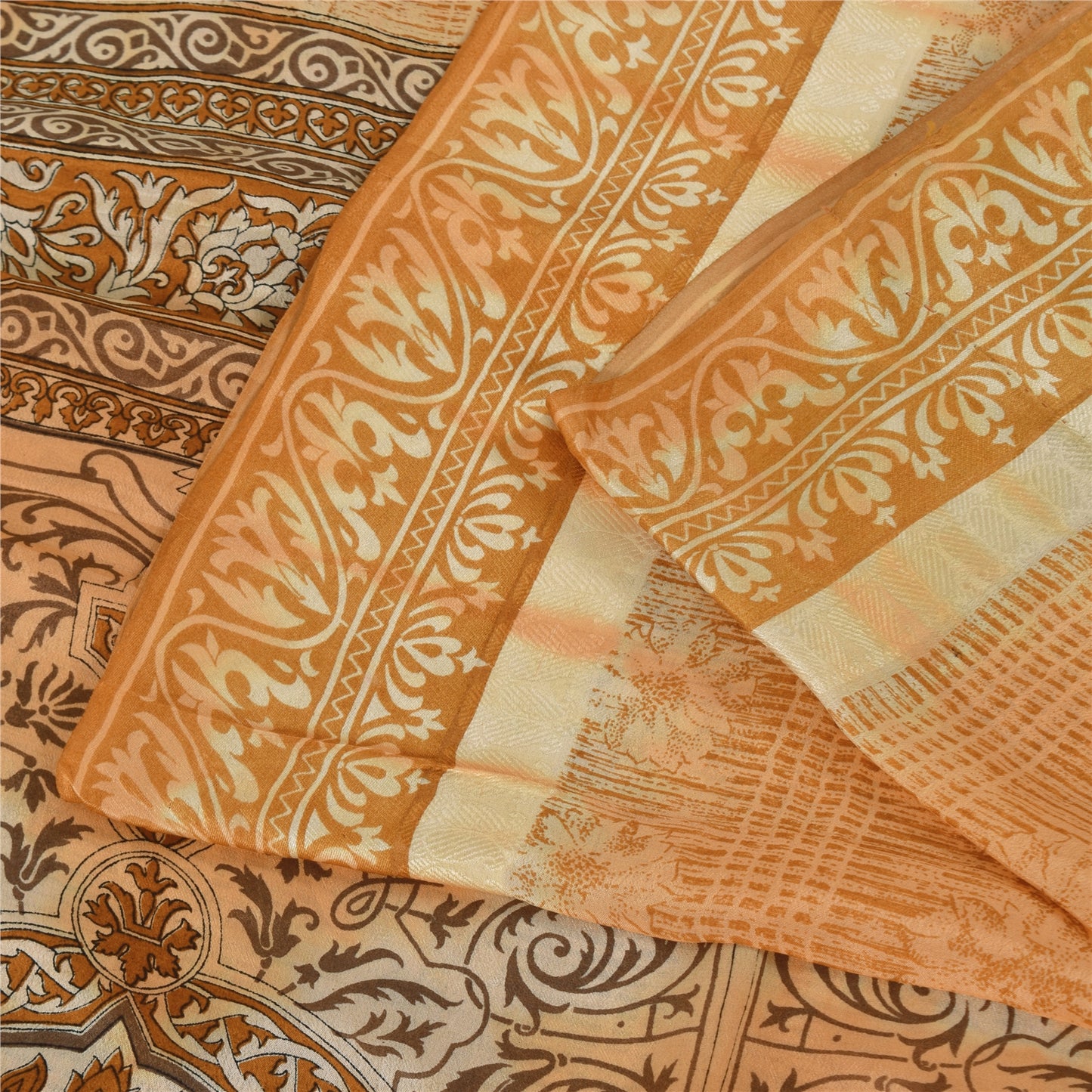 Sanskriti Vintage Sarees Shades Of Brown Pure Silk Printed Sari 5yd Craft Sustainable Fabric