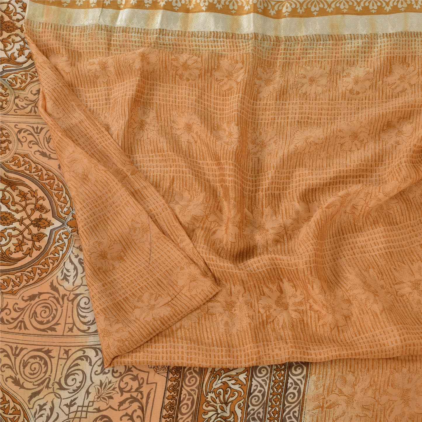 Sanskriti Vintage Sarees Shades Of Brown Pure Silk Printed Sari 5yd Craft Sustainable Fabric