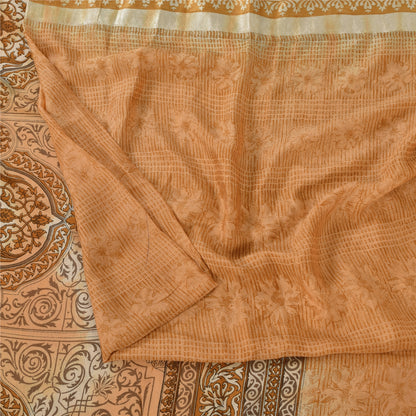 Sanskriti Vintage Sarees Shades Of Brown Pure Silk Printed Sari 5yd Craft Sustainable Fabric