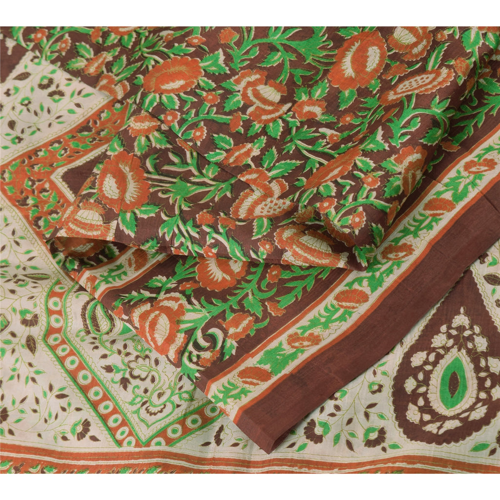 Sanskriti Vintage Sarees Indian Brown Pure Silk Printed Sari 5yd Craft Sustainable Fabric