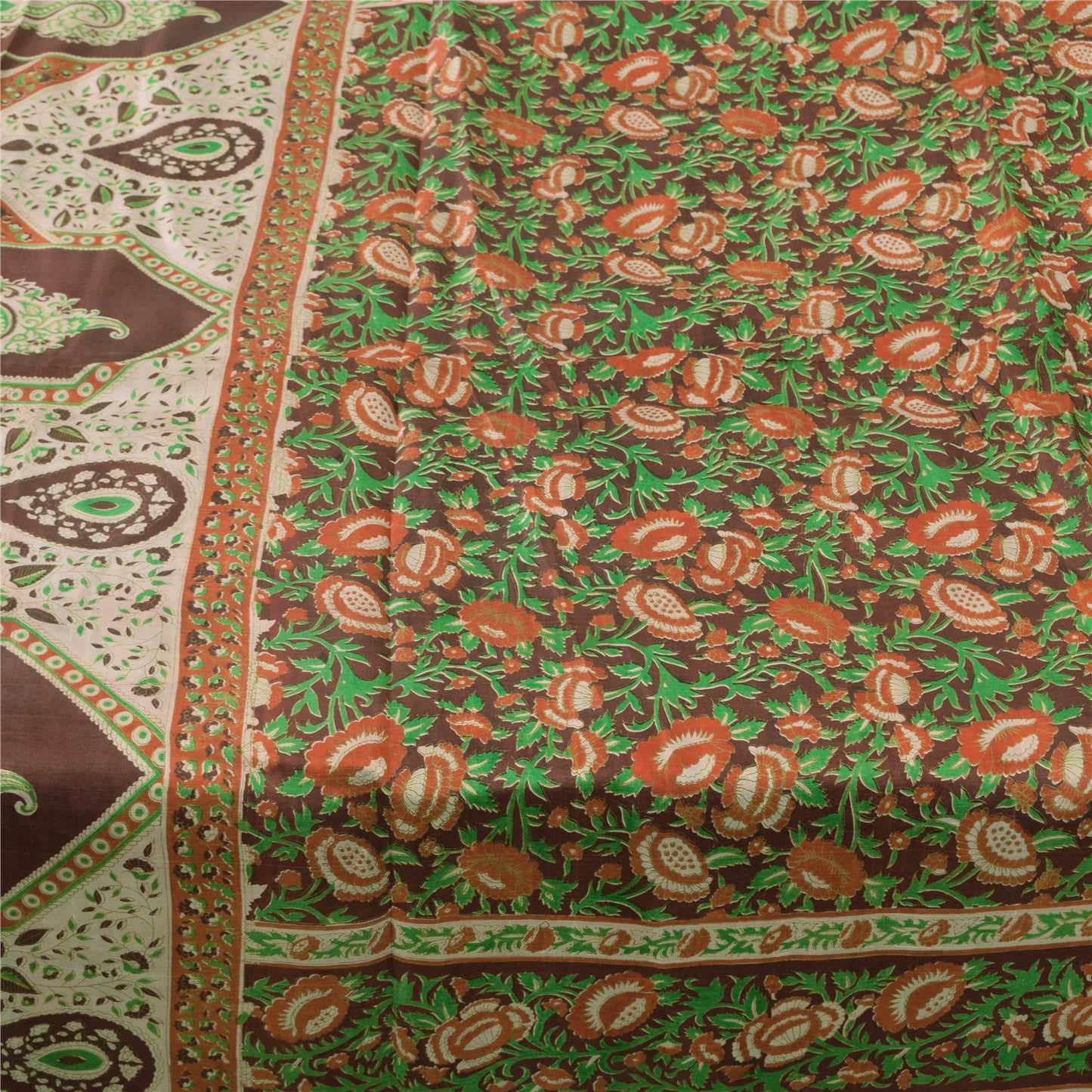 Sanskriti Vintage Sarees Indian Brown Pure Silk Printed Sari 5yd Craft Sustainable Fabric
