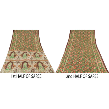 Sanskriti Vintage Sarees Indian Brown Pure Silk Printed Sari 5yd Craft Sustainable Fabric