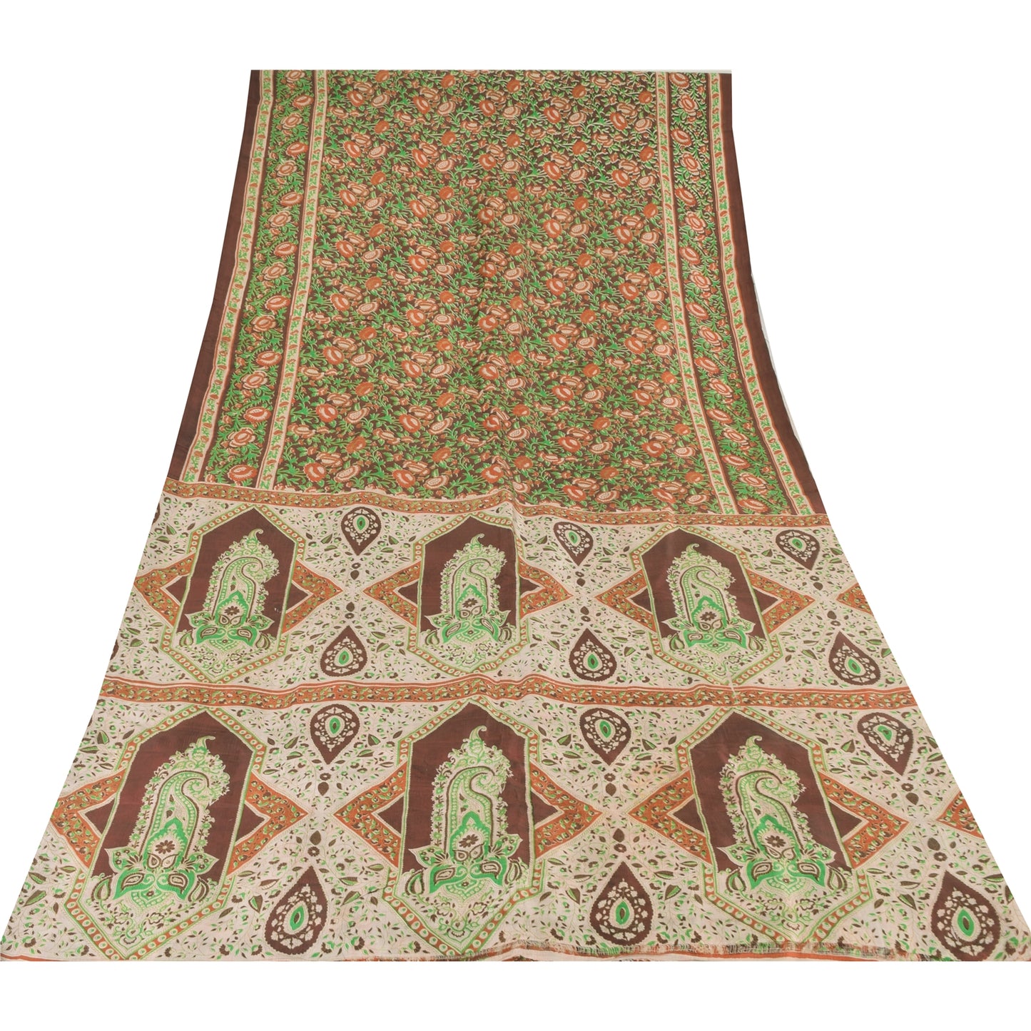 Sanskriti Vintage Sarees Indian Brown Pure Silk Printed Sari 5yd Craft Sustainable Fabric