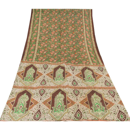 Sanskriti Vintage Sarees Indian Brown Pure Silk Printed Sari 5yd Craft Sustainable Fabric