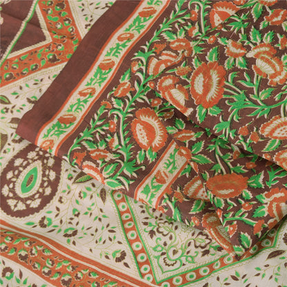 Sanskriti Vintage Sarees Indian Brown Pure Silk Printed Sari 5yd Craft Sustainable Fabric