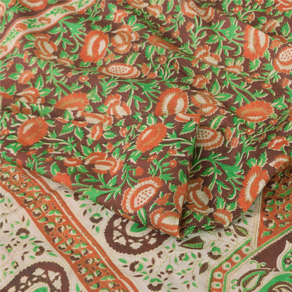 Sanskriti Vintage Sarees Indian Brown Pure Silk Printed Sari 5yd Craft Sustainable Fabric