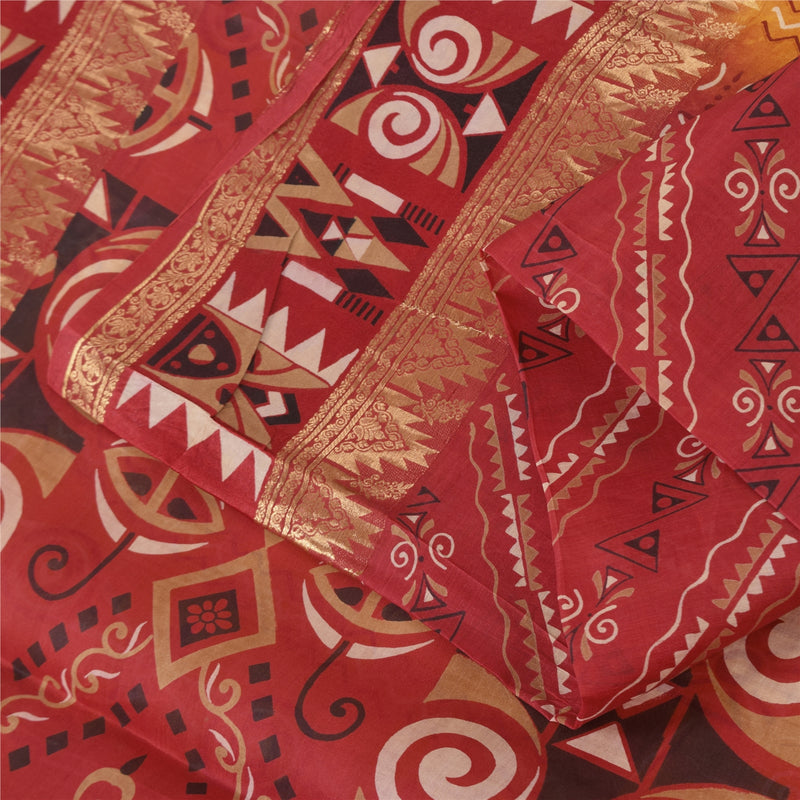Sanskriti Vintage 100% Pure Silk Yellow/Red Zari Border Floral Printed Saree 5Yd Fabric Upcycled Sarongs, Scarves, or Stoles