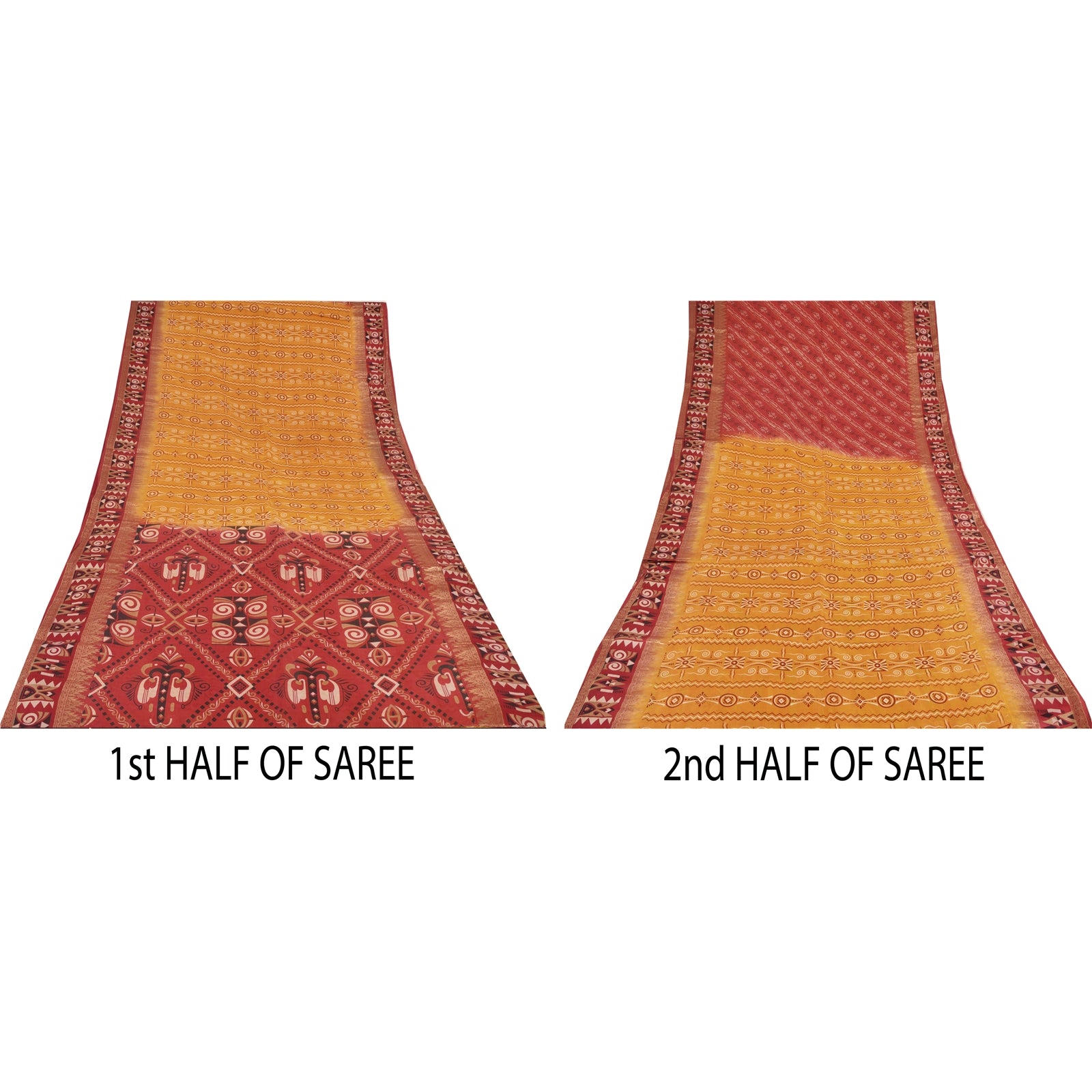 Sanskriti Vintage 100% Pure Silk Yellow/Red Zari Border Floral Printed Saree 5Yd Fabric Upcycled Sarongs, Scarves, or Stoles