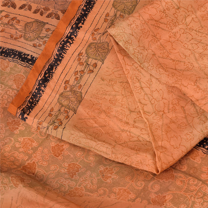 Sanskriti Vintage Sarees Orange 100% Pure Silk Printed Sari 5yd Craft Sustainable Fabric