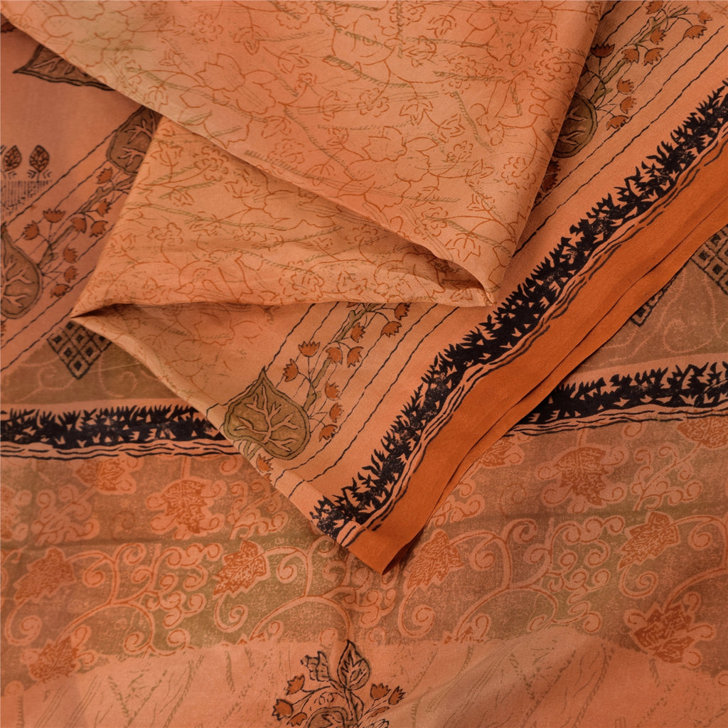 Sanskriti Vintage Sarees Orange 100% Pure Silk Printed Sari 5yd Craft Sustainable Fabric