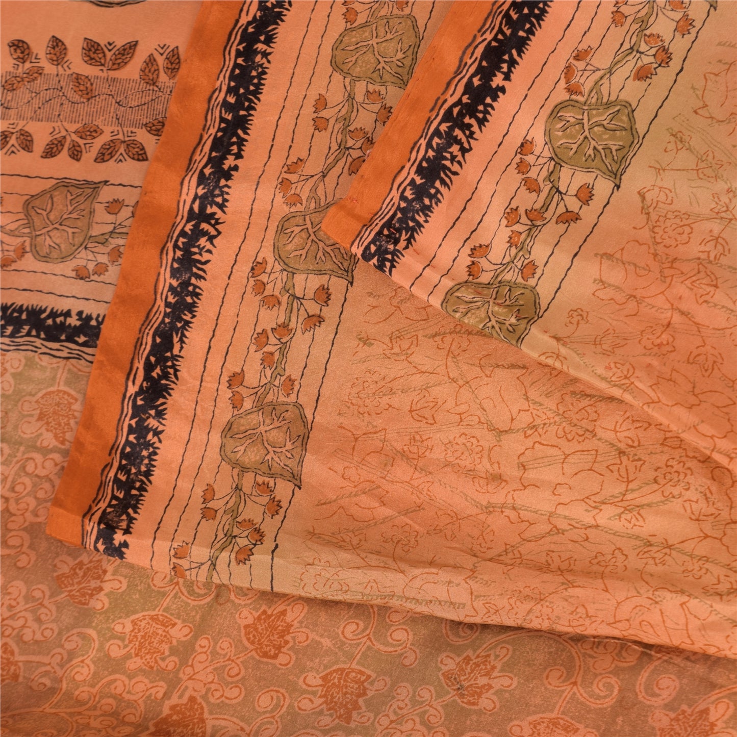 Sanskriti Vintage Sarees Orange 100% Pure Silk Printed Sari 5yd Craft Sustainable Fabric