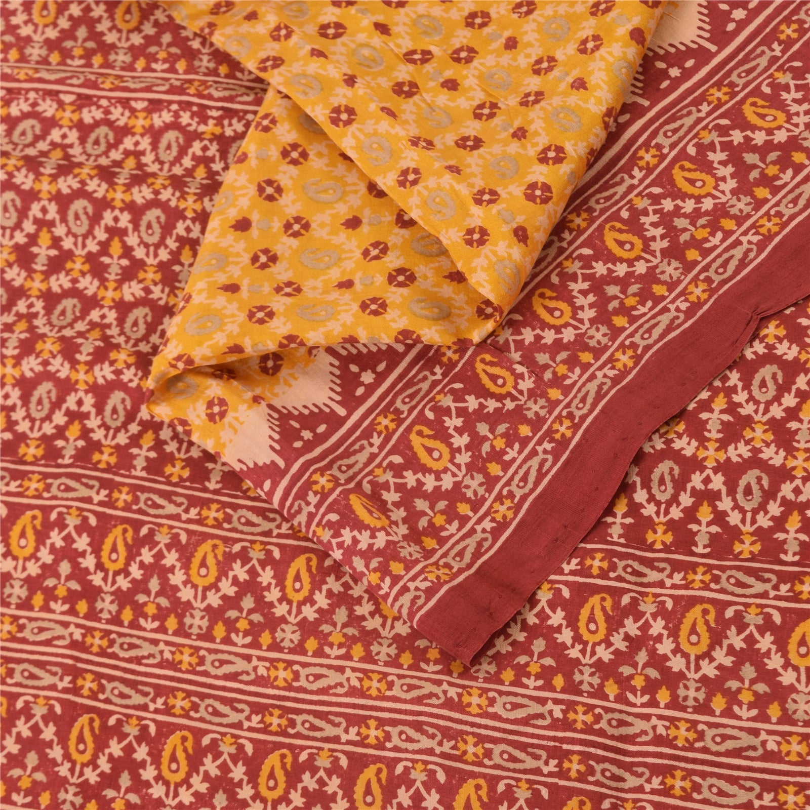Sanskriti Vintage Saree 100% Pure Silk Yellow & Red Print Sarees 5Yd Craft Fabric Floral Design- Dresses, Kaftans, Skirts, Tops Projects