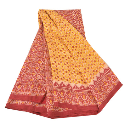 Sanskriti Vintage Sarees Yellow/Red Pure Silk Printed Sari 5yd Craft Sustainable Fabric